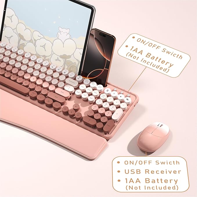 Colorful Wireless Computer Keyboard and Mouse Combo with Phone Holder, Wrist Rest, Typewriter Keys, 2.4GHz Wireless, Full-Sized Optical Mouse for PC and Laptop(Peach Colorful)