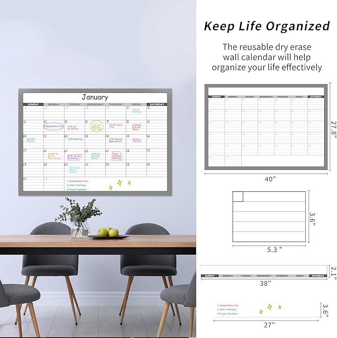 Undated Large Dry Erase Calendar - 40" x 28", Folded Laminated Paper Wall Calendar, Not White Board, Blank Reusable Calendar Planner with Notes Section, Stickers, Great for Home, Office, Classroom