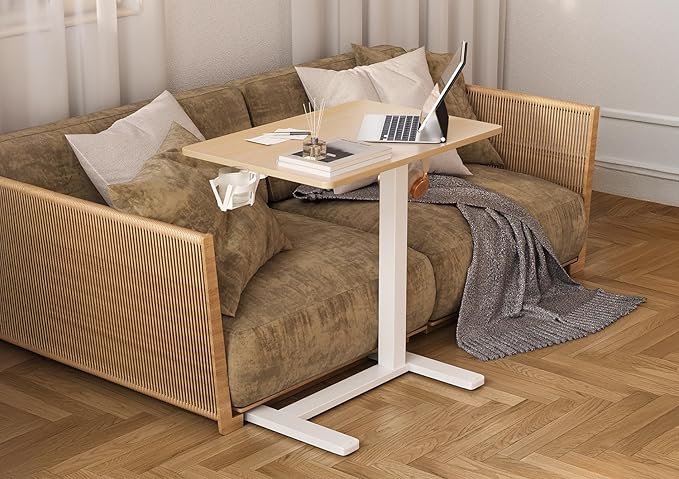 Claiks Height-Adjustable Overbed Table with Wheels, Portable Rolling Laptop Desk, Mobile Standing Desk for Home & Hospital Use, Nature 25.5 inch