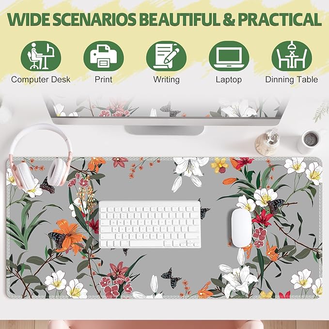 Desk Pad for Keyboard and Mouse, Large Mouse Pad for Desk, Non-Slip Keyboard Mat, Computer Mats for Desk, Desk Pad with Stitched Edges for Office, Gaming I Gray Wild Grass Flowers