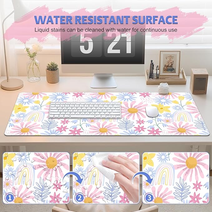 Lovely Desk Pad Mouse Pad, Large Gaming Mouse Mat with Stitched Edges, Non-Slip Waterproof Rubber Base Mous Mat for Office Computer Keyboard Laptop Home Decor Women (35.4X17.5 in), Pink Wildflower