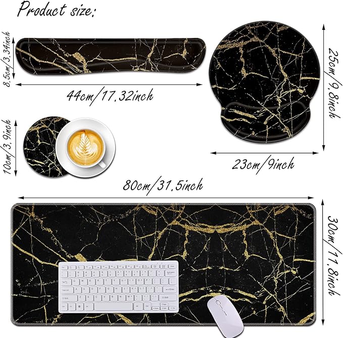 Bxgolkgd Keyboard Wrist Rest and Mouse Pad Wrist Support Set,Ergonomic Memory Foam Wrist Pad & Non Slip Base for Home Office Working Studying Easy Typing,Pain Relief,Black Gold Marble