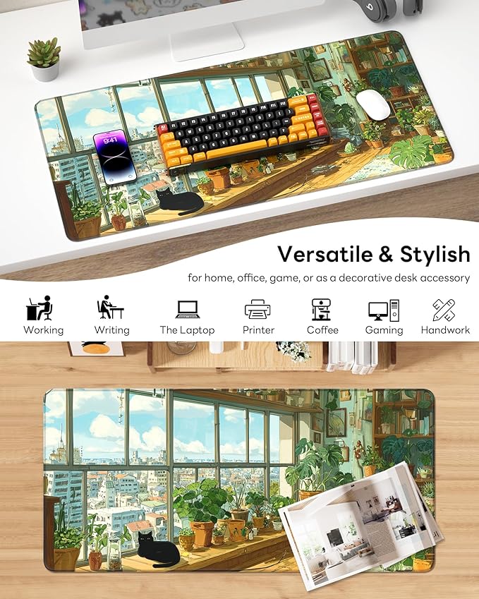 XL Gaming Mouse Pad, 31.5x15.7'' Large Desk Mat with Anti-Slip Rubber Base & Stitched Edges for Gaming, Office, Home, Greeny Cottage