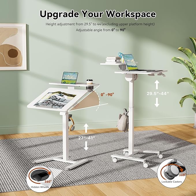 24Inch Rolling Standing Desk On Wheels， Mobile Laptop Stand with Tiltable Desktop， Smaller Computer Workstation Adjustable Height， 2-Tier Portable Study Table with Storage Shelves， White