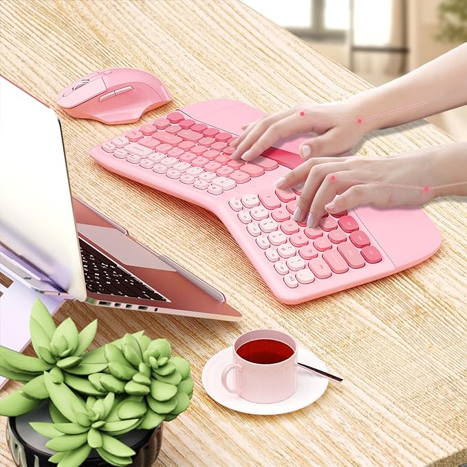 Ergonomic Wireless Keyboard Mouse, Mechanical Gaming Set with Wrist Rest & OTG & Brush Ideal for Windows PC, Home, Office and College Pink