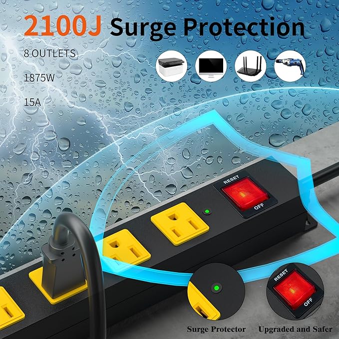 8 Outlet Power Strip 2100J Surge Protector, 12FT Heavy Duty Extension Cord Wide Spaced Outlet and Wall Mount Metal Powerstrip for Home Office Garage Workshop