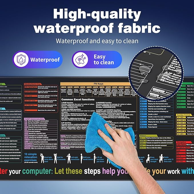 Excel Cheat Sheet Desk pad—Contains 9 Major Excel Function modules|Large XL Size（31.5 * 11.8 inch）|Desk mat for Keyboard and Mouse|Work、Study、Gaming Mouse pad|Waterproof、Anti-Slip Large Mouse pad