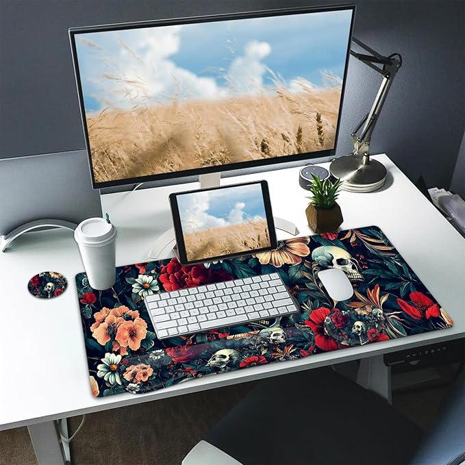 Large Mouse pad and Keyboard Support Set, Ergonomic Memory Foam Keyboard Wrist Rest, Extended Gaming Mouse Pad with Stitched Edges, Skeleton Zone XXL Desk Mat (31.5 X 11.8 in)