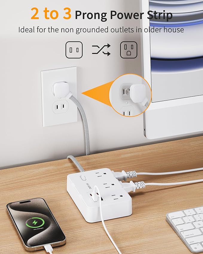 2 Prong to 3 Prong Adapter Power Strip, 10 FT Extension Cord with 6 Outlets & 4 USB Ports (2 USB-C), 1050J Two Prong Surge Protector, Wall Mount - Ideal for Old Houses