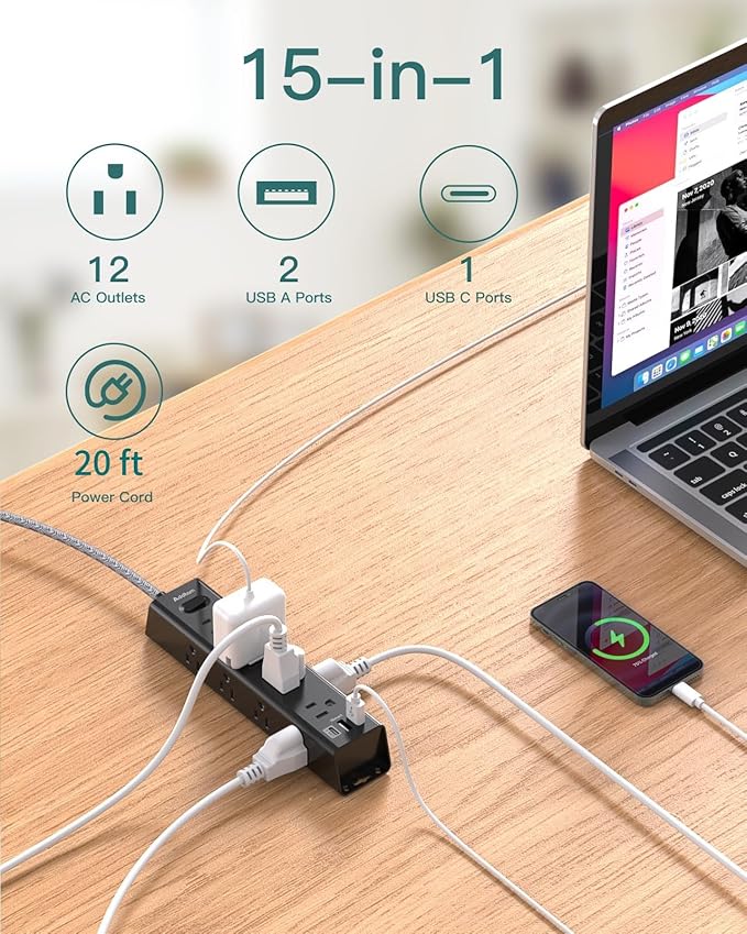 Surge Protector Power Strip - 20 FT Extension Cord, Power Strip with 12 Widely AC Outlet 3 USB, Flat Plug Wall Mount Overload Protection, 1050J, Desk Charging Station for Home Office, ETL Listed,Black