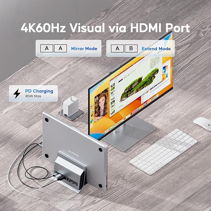 Vertical MacBook Docking Station, PULWTOP Docking Station for Mac mini with M.2 NVMe case for MacBook Pro/Air, 4K@60Hz HDMI, 2USB C 10Gbps, SD/TF, 100W PD, RJ45, 2 USB A for Windows Laptops