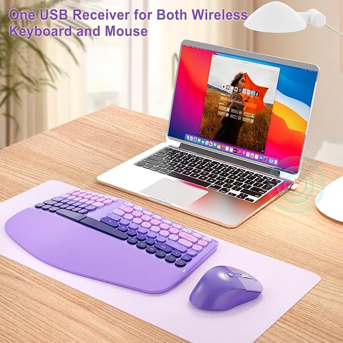 Ergonomic Wireless Keyboard and Mouse, Mechanical Gaming Set with Wrist Rest & OTG & Brush Ideal for Windows PC, Home, Office and College Purple