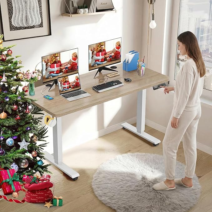 farexon Electric Standing Desk Adjustable Height, 48 x 24 inch Sit Stand Desk with Wheels, 4 Memory Heights, 27''-46'' Lifting Range Stand up Desk for Home Office(Oak Gray)