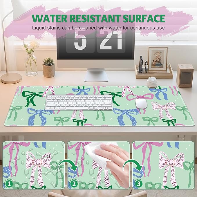 Cute Desk Pad Mouse Pad, Large Gaming Mouse Mat with Stitched Edges, Non-Slip Waterproof Rubber Base Mous Mat for Office Computer Keyboard Laptop Home Decor Women Girl (35.4X17.5 in), Green Pink Bows
