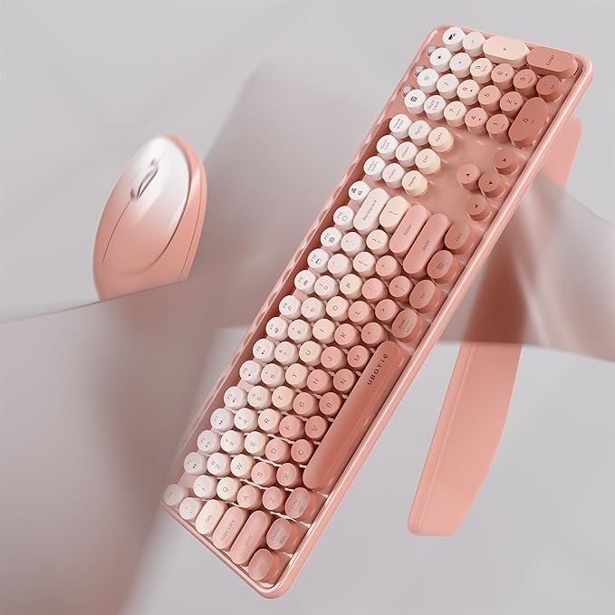 UBOTIE Wireless Keyboard and Mouse Combo with Phone Holder and Wrist Rest, Round Colorful Keys, Power Switches, 2.4GHz USB Receiver, Full-Size QWERTY Layout for PC Laptop（Peach