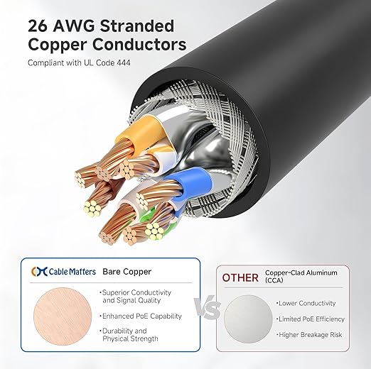 Cable Matters 10Gbps Snagless Long Shielded Cat 6A Ethernet Cable - 100ft, Cat 6A Cable, Cat6A Cord, Ethernet Cord, Black