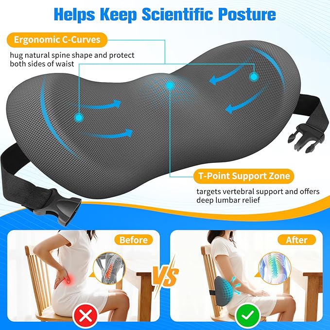 Lumbar Support Pillow for Office Chair - Memory Foam Lumbar Pillow with Detachable Strap & Breathable Cover, Ergonomic Back Support for Office Chair, Car Seat Cushion, Bed Rest (Grey)