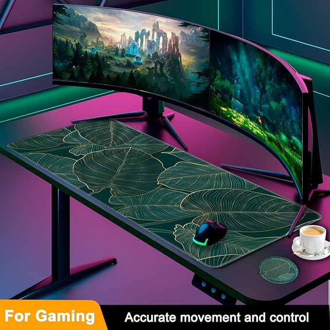Large Gaming Mouse Pad with Coaster, Desk Matt for Desktop, Desk Pad, Mouse Pads Mat, Stitched Edges Big Extended Mousepad for Computer Keyboard Laptop Office Decor, 31.5'' x15.6''-Green Leaves2