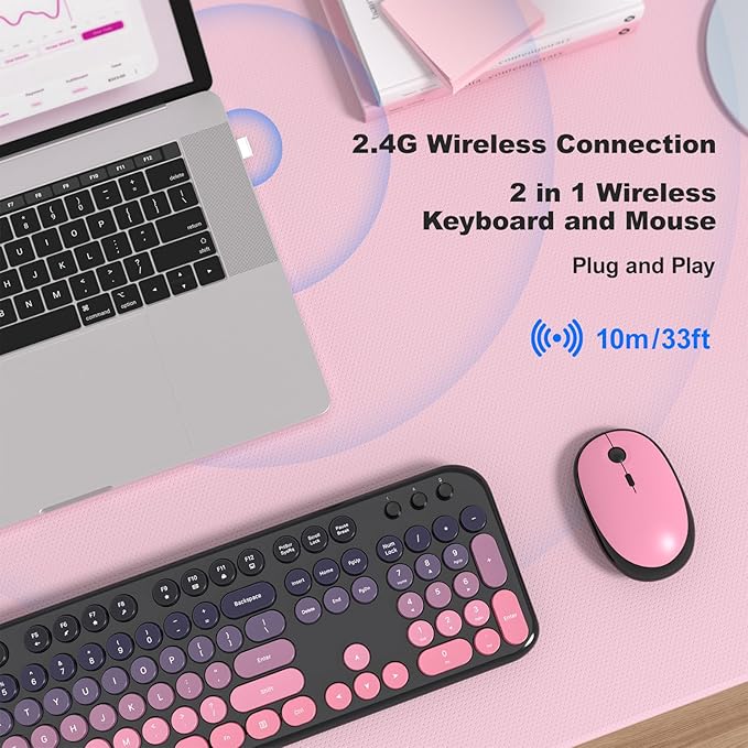 Wireless Keyboard Mouse Combo - Lovely CherryPink-Gradient Rainbow Full-Sized Typewriter Colorful Keyboards, Round Keycap Plug Play Retro Cute Keyboards for Windows, Laptop, PC, Desktop, Computer