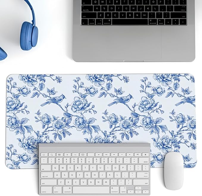Navy Blue Chinoiserie Mouse Pad,Vintage Blue and White Floral Desk Mat,XL Large Flowers and Birds Preppy Mouse Pad,Girly Laptop Desk Mat for Dorm Home Office,23.6x11.8 Inch