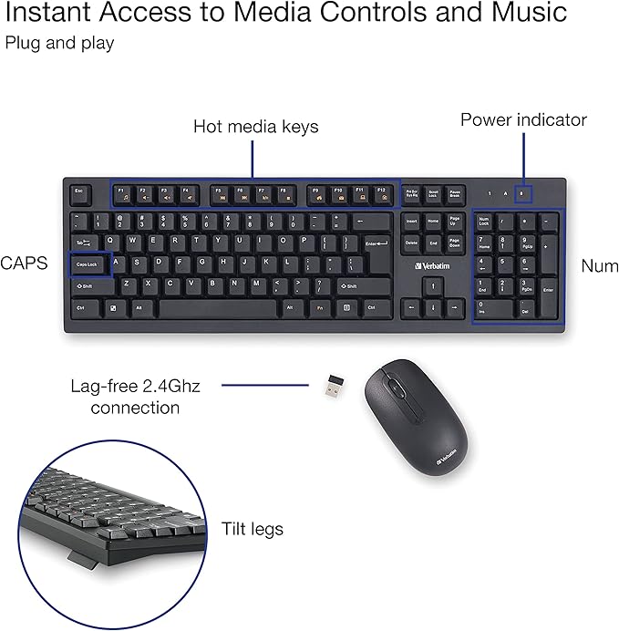 Verbatim Slimline Wireless Keyboard and Mouse Combo 2.4GHz USB Plug-and-Play Numeric Keypad Adjustable Tilt Legs Optical Wireless Mouse Full-Size Computer Keyboard Compatible with PC, Laptop 70741