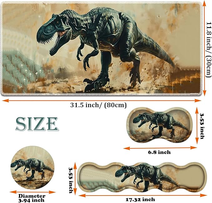 Large Gaming Mouse Pad + Keyboard Wrist Rest + Wrist Support + Coaster Set, Memory Foam Ergonomic for Easy Typing, XXL Extended Gaming Mouse Pad Table Pad - T-Rex