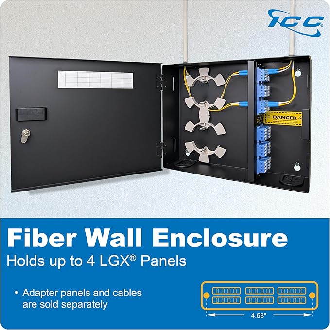 ICC Fiber Optic Wall Mount Enclosure – 4 Slots for LGX Compatible Adapter Panels or Cassettes (Sold Separately), Fiber Enclosure Supports up to 96 Fibers, Secure Fiber Management Solution, ICFODE41WM