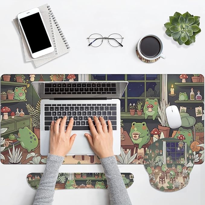 Arttown Cute Frog Desk Mat Plant Cartoon Mouse Pad Set 4 in 1 Ergonomic Design Large Mouse Pad + Keyboard Wrist Rest + Mouse Wrist Rest + Coaster Suitable for Home Office Study Game