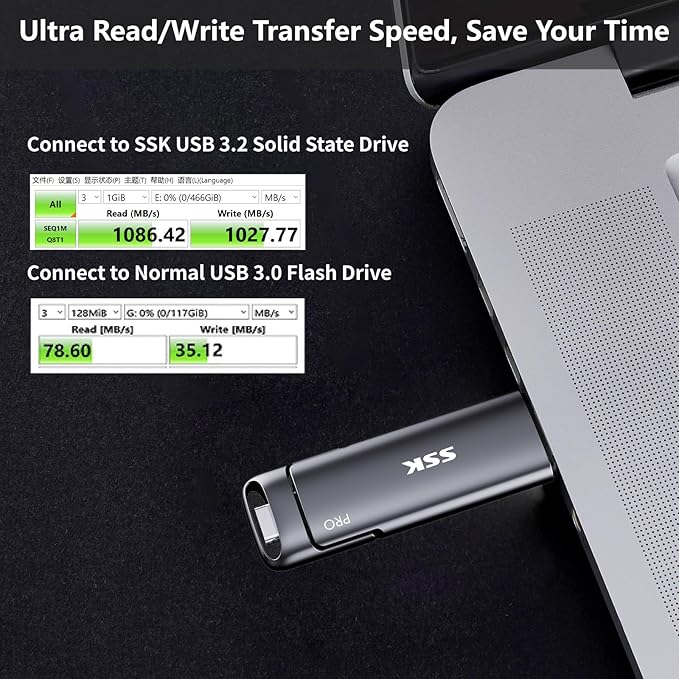 SSK 512GB SSD USB C Stick up to 1000MB/s,Fast Thumb Drive,Dual Drive Type-C + USB A 3.2 Gen 2 External Solid State Drives,USB Memory Stick for iPhone 15/PS4/Android Phone/Tablet/Windows/Mac
