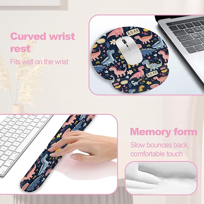 Cute Dinosaur Mouse Pad with Wrist Rest Set, 3-in-1 Wrist Support Mousepad Set, Gaming Mat Pad with Anti-Skid Base,Ergonomic Memory Foam Mouse Pad Set for Women, Office, Typing, Gaming
