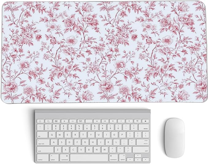 Pink Chinoiserie Mouse Pad,Vintage Pink and White Floral Desk Mat,XL Large Vintage Flowers Preppy Mouse Pad,Girly Laptop Desk Mat for Dorm Home Office,23.6x11.8 Inch