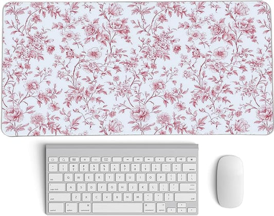 Pink Chinoiserie Mouse Pad,Vintage Pink and White Floral Desk Mat,XL Large Vintage Flowers Preppy Mouse Pad,Girly Laptop Desk Mat for Dorm Home Office,23.6x11.8 Inch