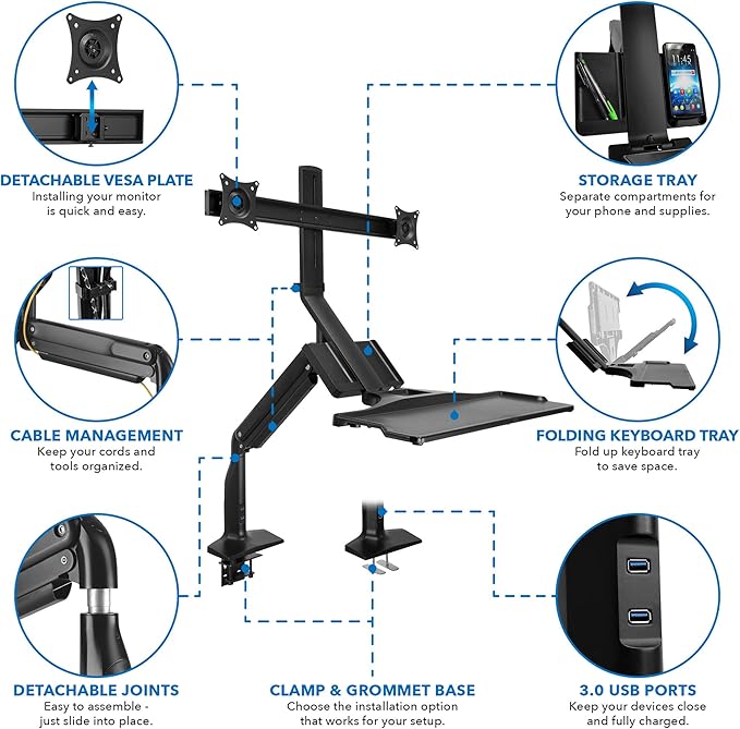 Mount-It! Dual Monitor Arm Desk Mount Sit-Stand Workstation with 2 USB 3.0 Ports, Height Adjustable 23.1–42.9”, Fits Two 17–27” Screens, 13.2 lbs Each, VESA 75x75 100x100, Clamp or Grommet