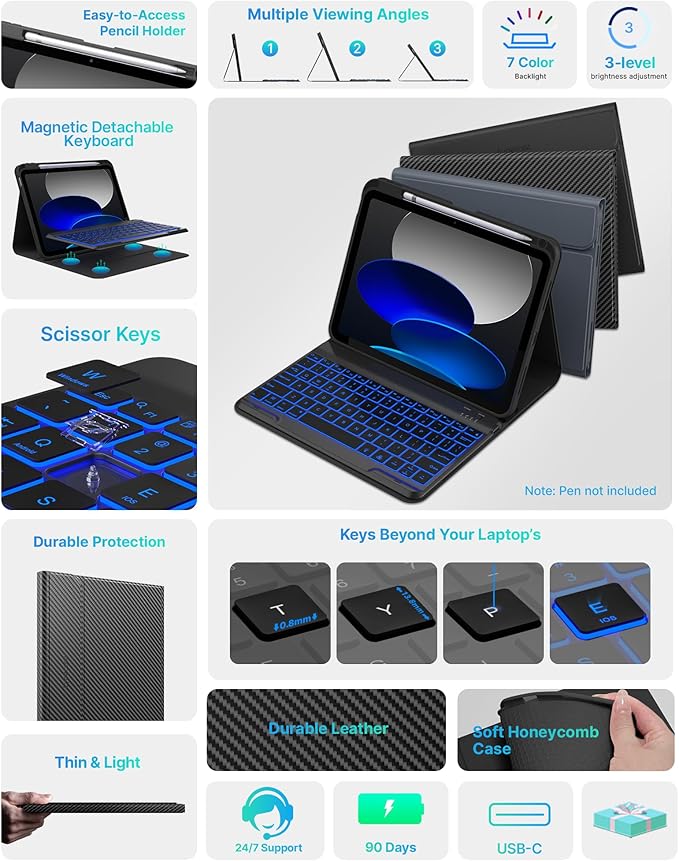typecase Folio Keyboard Case for iPad 10th Gen 10.9 inch (2022) and iPad 11th (A16, 2025), Magnetic Wireless Detachable Keyboard, 7-Color Backlight, Thin & Light, Pencil Holder – Carbon Fiber