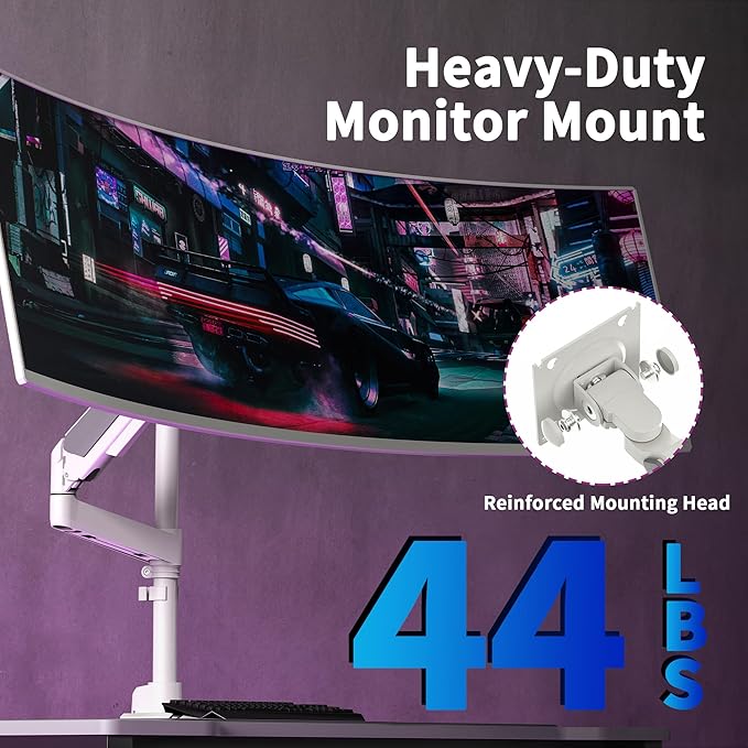 Single Monitor Arm for 17-49 Inch Ultrawide Screens, Single Monitor Mount Heavy Duty up to 44lbs, Adjustable Vertical Stacked Full Motion Single Monitor Arm Desk Mount, 75/100mm VESA Mount, White