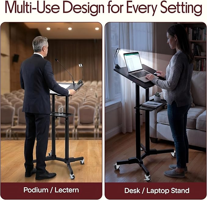 Pyle Lectern Podium Stand | Adjustable Height Top Shelf, Bottom Shelf w/Smooth Rubber Wheels & Metal Brakes | Mobile Standing Desk w/LED Light for Classrooms & Presentations | Portable Rolling Table