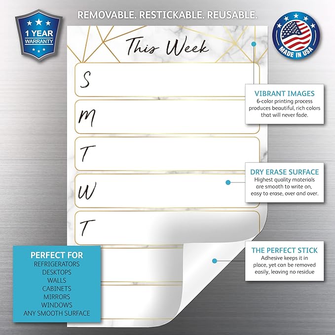 Dry Erase Weekly Calendar Planner Sticker Decal | Removable & Reusable | Magnetic Fine-Tip Marker Included (6 x 9 inches, Marble)