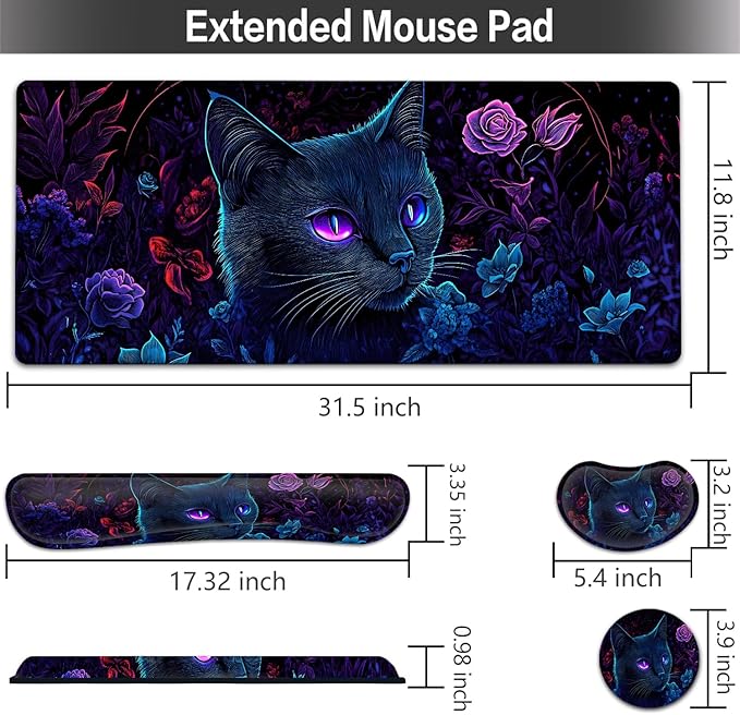 Large Mouse pad and Keyboard Support Set, Ergonomic Memory Foam Keyboard Wrist Rest, Extended Gaming Mouse Pad with Stitched Edges, Black Light Cat XXL Desk Mat (31.5 X 11.8 in)