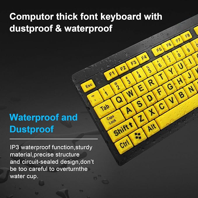 Large Print Computer Keyboard, Wired USB High Contrast Keyboard with Oversized Print Letters for Visually Impaired Low Vision Individuals (Yellow+Black)