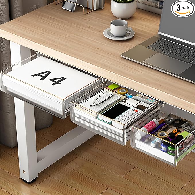 Under Desk Table Drawer Storage Organizer,3 Pack Small & Medium & Large Slide Out Desk Drawers - Hidden Desktop Organizer,Adhesive Storage Pencil Tray Under Table(Clear/LMS)