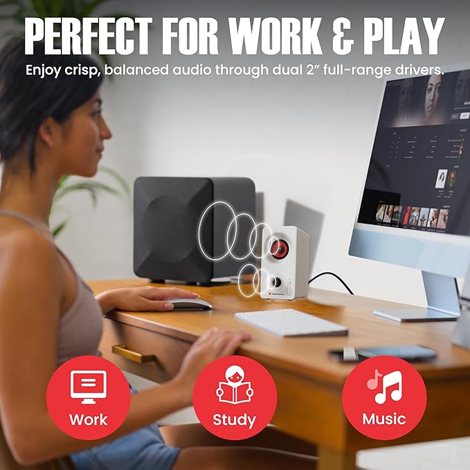 Audiosource Desktop PC Speakers with Bluetooth 5.3, USB-C Plug & Play, 2.0 Stereo Computer Speakers with Dual 2" Drivers, AUX Input, LED Indicator, Compact Design for PC, Laptop & Home Office (White)