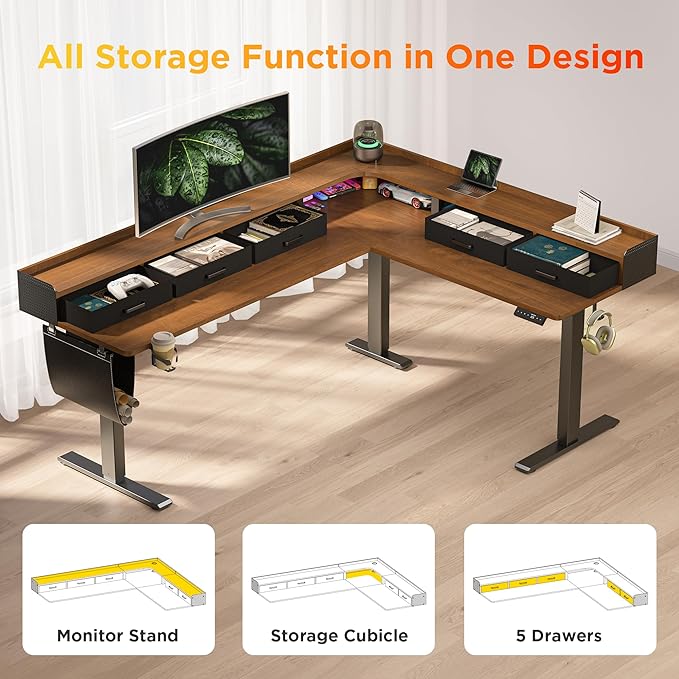 75 Inches Height Adjustable L Shaped Standing Desk with 5 Drawers and Monitor Shelf, Electric Sit to Stand Home Office Comupter Table, Ergonomic Corner Gaming Desk, Black Walnut