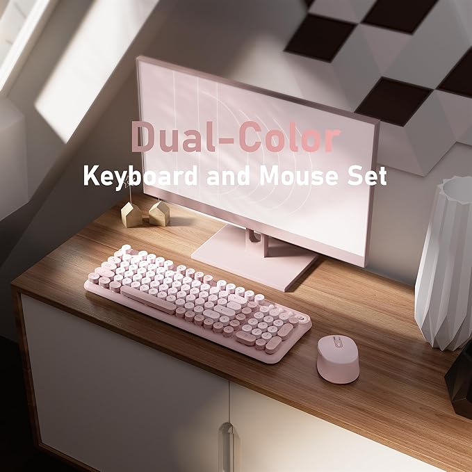 Wireless Keyboard and Mouse Combo, Full-Size 2.4G Set with Number Pad, Long Battery Life, Plug Play for Office and Student Use (Pink)
