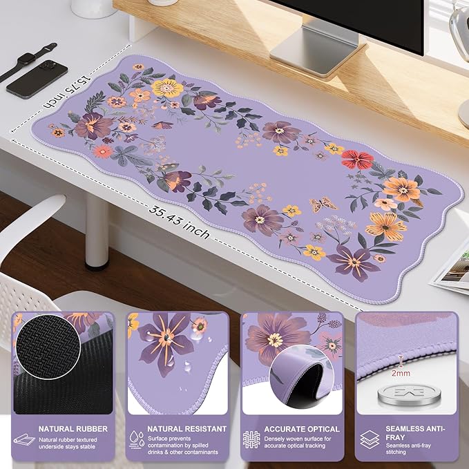 iCasso Large Mouse Pad, Scalloped Desk Matt for Desktop, Desk Pad Mat, Anti-Slip Big Mousepad with Stitched Edges, Floral Desk Mat for Keyboard and Mouse for Computer (Purple)