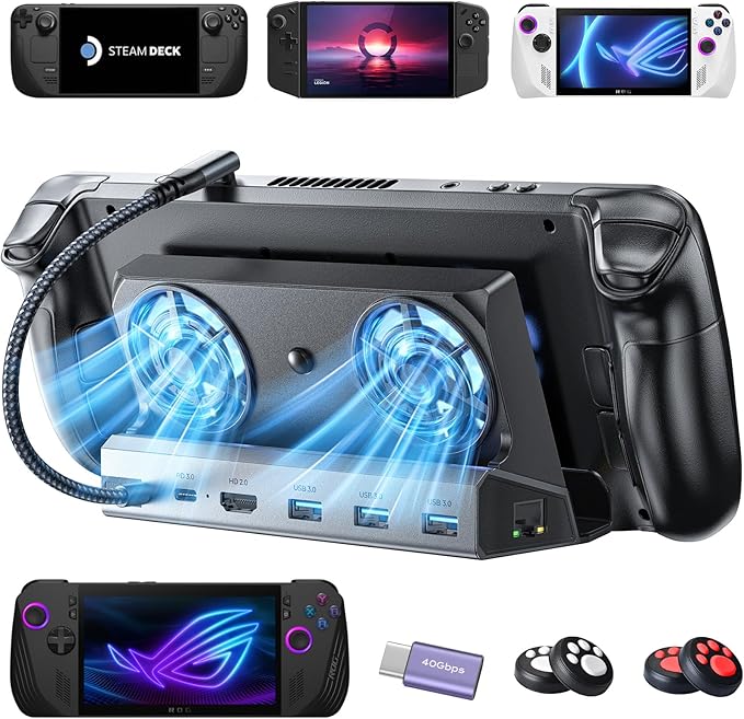 LISEN Docking Station for ASUS ROG ALLY X & Steam Deck & Lenovo Legion GO, Dual Cooling Fan [Zero Distraction] ROG ALLY Dock Station with 4K@60Hz,USB 3.0*3, PD100W and Ethernet Fit For Steam Deck OLED