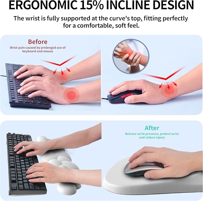 Ergonomic Mouse Pad and Keyboard Rest, 2 in 1 Cloud Wrist Rest + Cloud Mouse Pad, Non-Slip, Relieve Wrist Pain, White