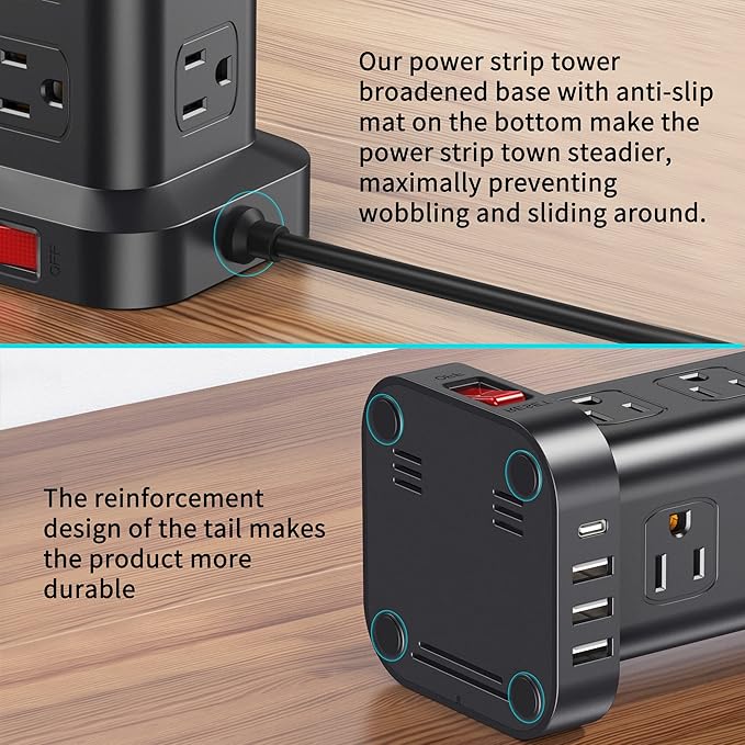 Extension Cord with Multiple Outlets, SMALLRT Surge Protector Power Strip Tower, PD 20W USB C, Outlet Extender with USB Ports 12 AC Outlets, 6.5FT Extension Cord for Home Office, Overload Protection