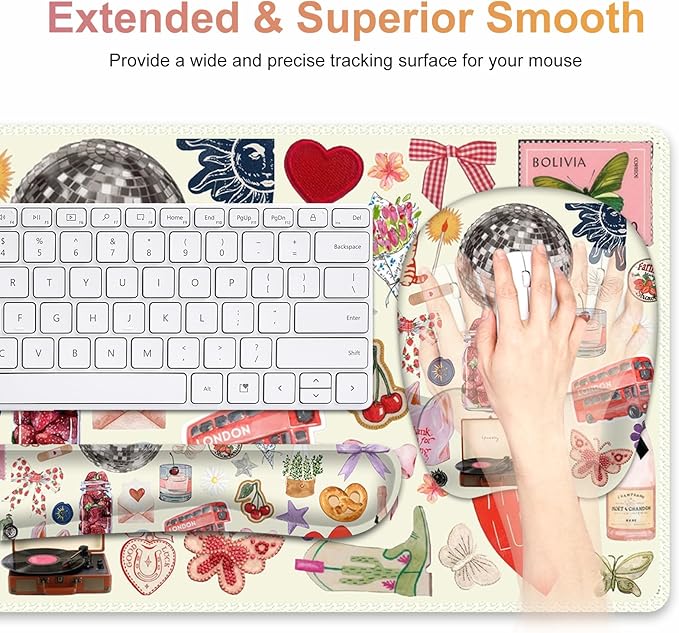 Beige Mouse Pad with Wrist Support 4 in1 Set, XXL Big Game Mousepad + Keyboard Wrist Rest + Mouse Wrist Rest Pad +Coaster Gaming Mat for Home Office Work Computer I Cute Design Stickers