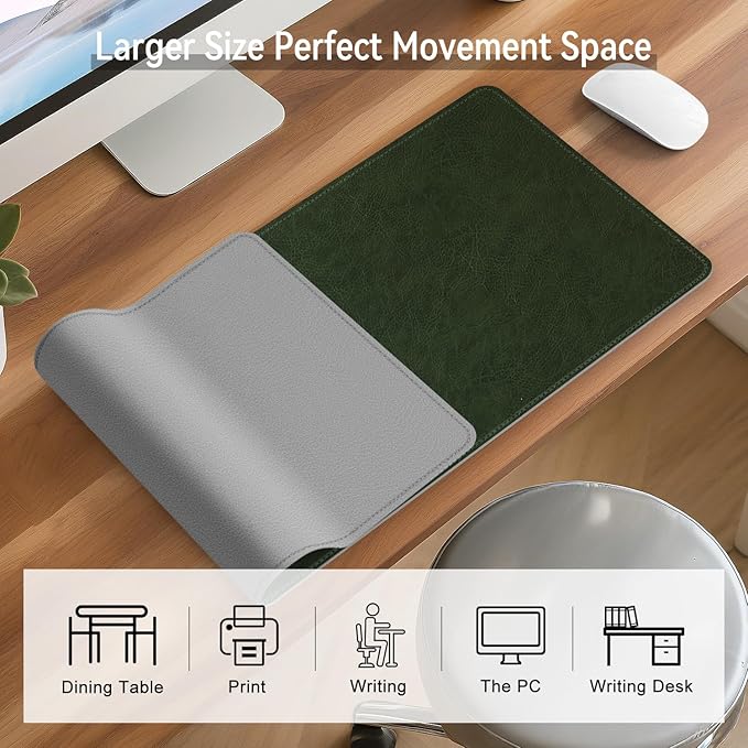 Imitation Crazy Horse Leather Desk Mat - Waterproof Desk Pad - Ideal for Large Mouse Pad and Desk Mats on Top of Desks (Green+Gray, 33"*13")