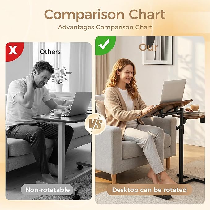 Rolling Table for Laptop Stand, Height and Angle Adjustable Over Bed Table with Wheels, Tilt-Top Laptop Desk for Couch with Cup Holder, Bed Table Tray for Eating (Rustic)